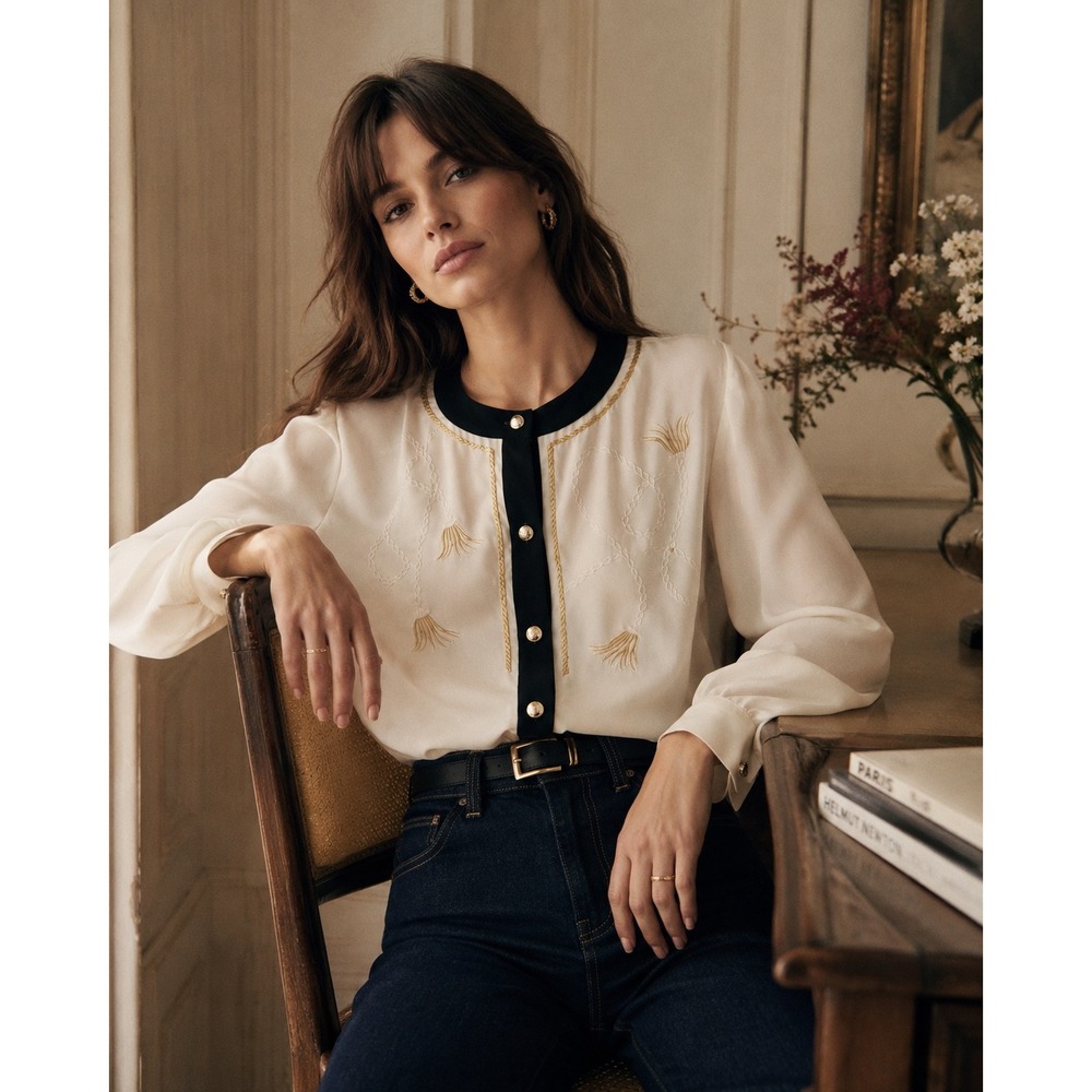 Vintage Maggie Barnes Embroidered Blouse White Black Gold 22W Nautical 80s 90s
